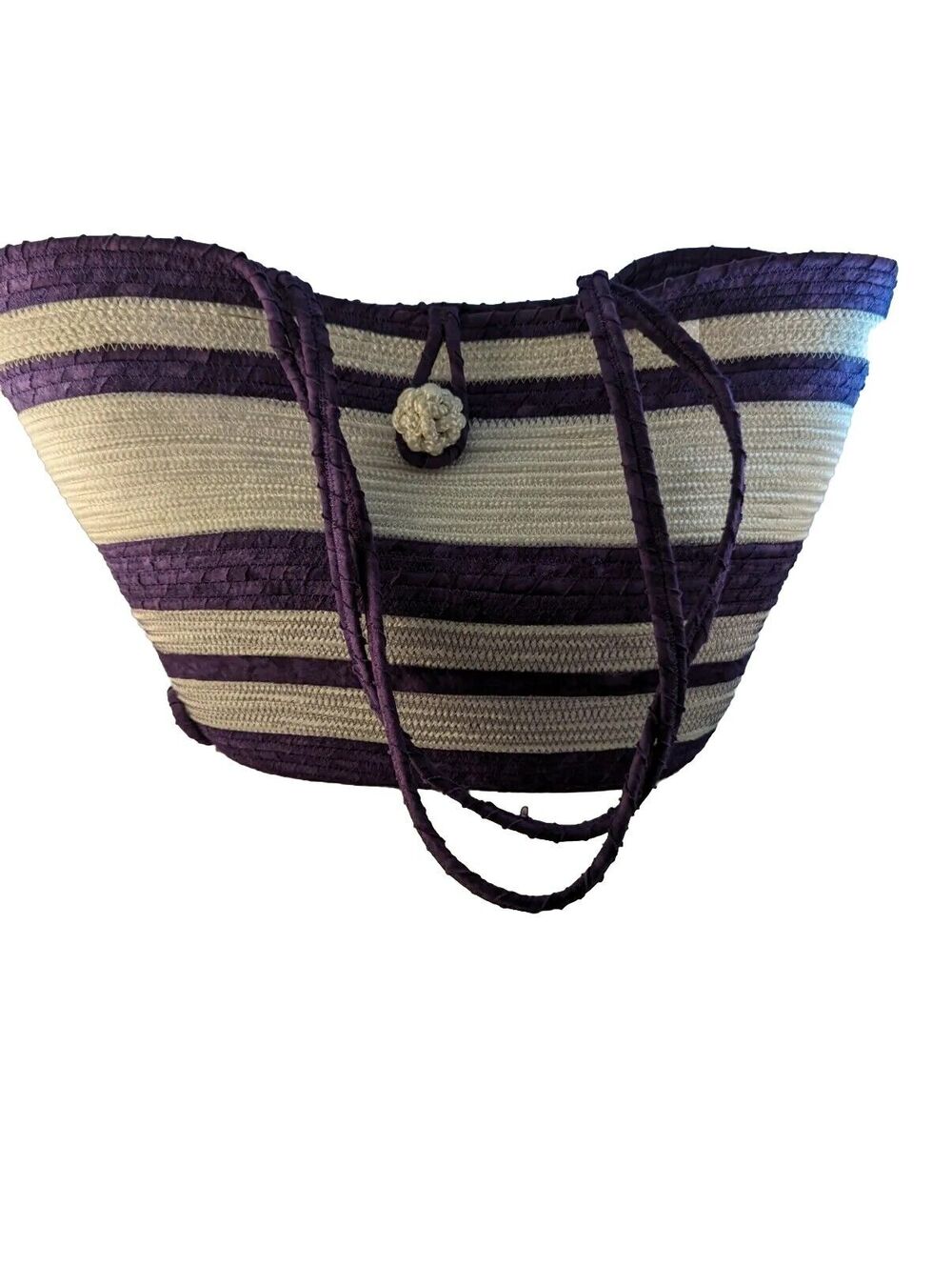 Tote Basket Bag Handmade Purple +White Cord+Fabric Wrapped Cord 18x8x4"
